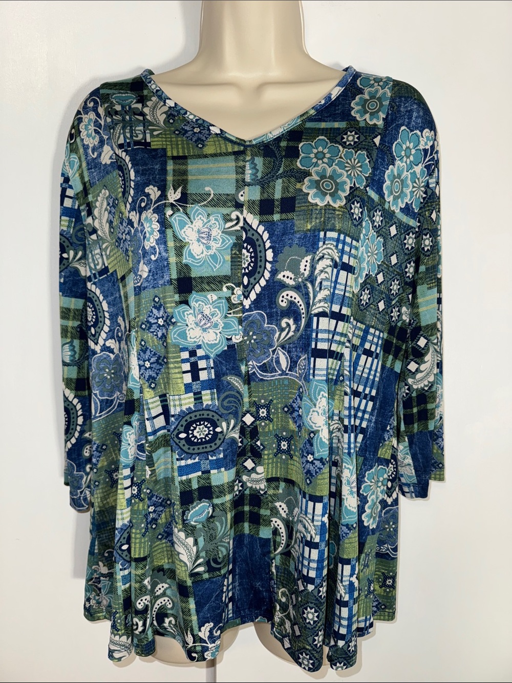 Southern Lady Boho Print 3/4 Sleeve Top Shirt Women’s M Medium Blue Green